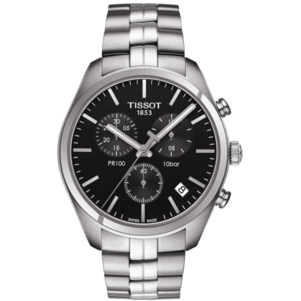Tissot PR 100 Silver Stainless Steel Black Dial Chronograph Quartz Watch for Men's - T101.417.11.051.00
