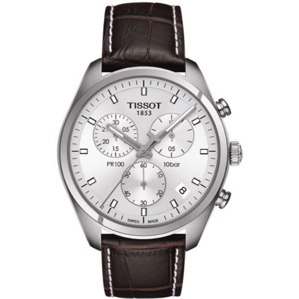 Tissot PR 100 Brown Leather Strap Silver Dial Chronograph Quartz Watch for Men's - T101.417.16.031.00