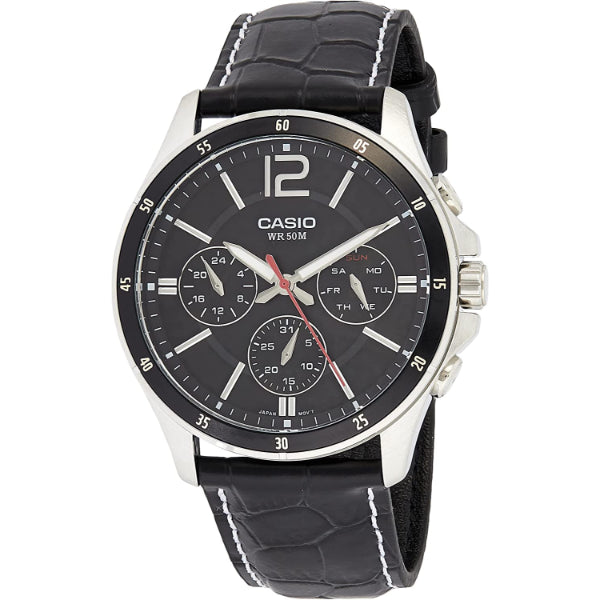 Casio Enticer Black Leather Strap Black Dial Chronograph Quartz Watch for Gents - MTP-1374L-1AVDF