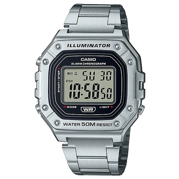 Casio Illuminator Silver Stainless Steel Black Dial Quartz Watch for Gents - W-218HD-1AVDF(AG)
