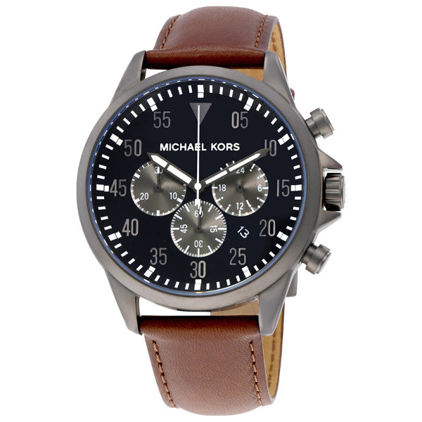 Michael Kors Gage Brown Leather Strap Black Dial Chronograph Quartz Watch for Gents - MK8536