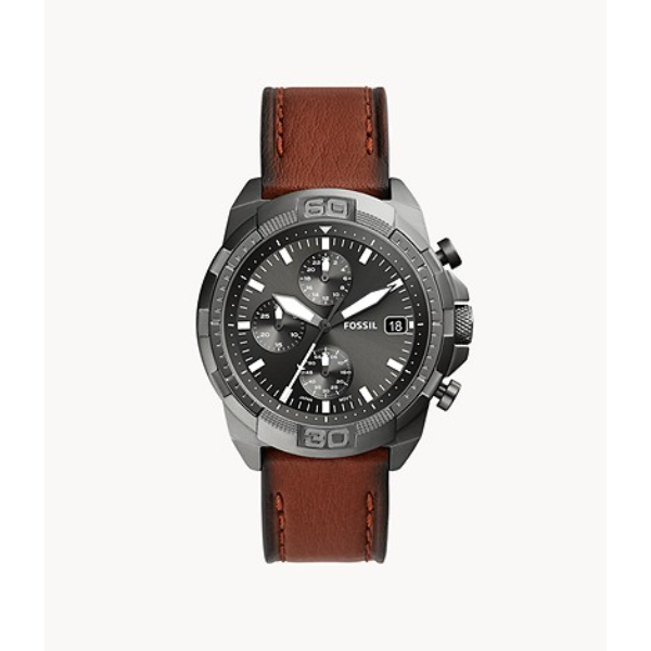 Fossil Bronson Brown Leather Strap Gray Dial Chronograph Quartz Watch for Gents - FS5855