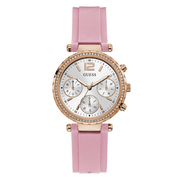 Guess Solstice Pink Silicone Strap Silver Dial Chronograph Quartz Watch for Ladies - GW0113L4