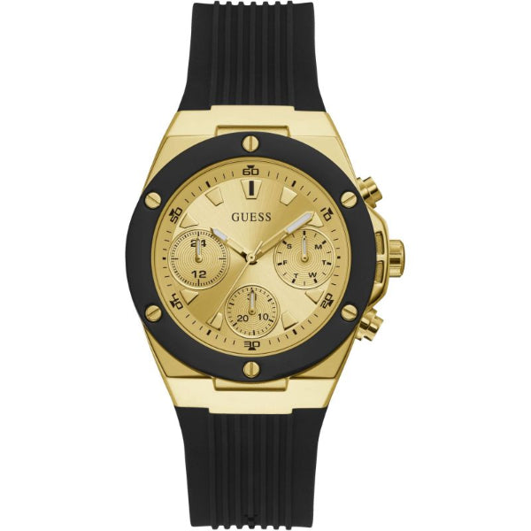 Guess Athena Black Silicone Strap Gold Dial Chronograph Quartz Watch for Ladies - GW0030L2