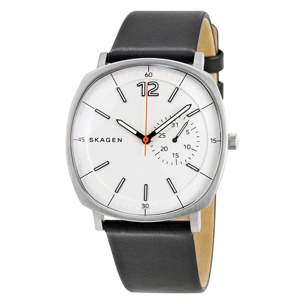 Skagen Rungsted Black Leather Strap White Dial  Quartz Watch for Gents - SKW 6256