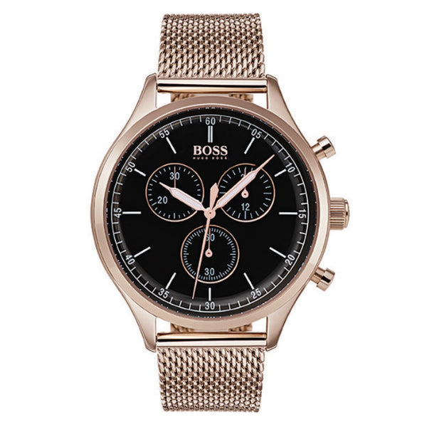 HUGO BOSS Companion Rose Gold Mesh Bracelet Black Dial Chronograph Quartz Watch for Gents - 1513548