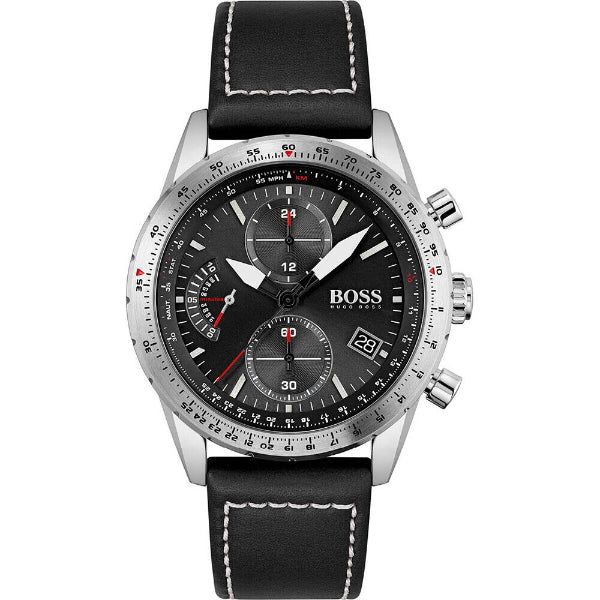 HUGO BOSS Pilot Edition Black Leather Strap Black Dial Chronograph Quartz Watch for Gents - 1513853