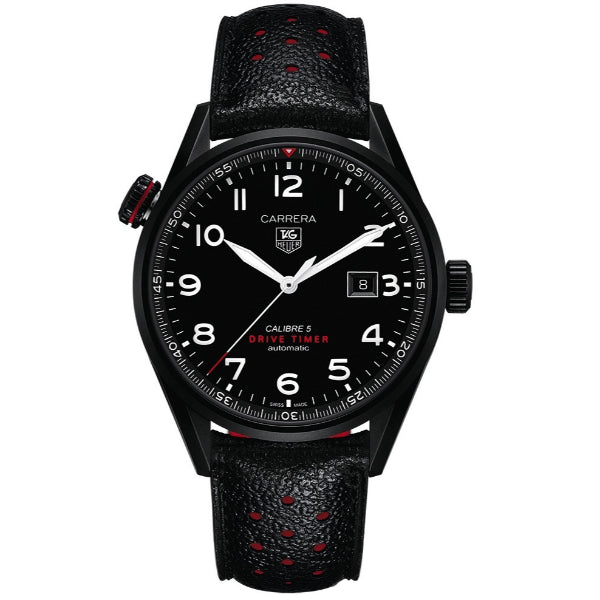 Tag Heuer Carrera Calibre 5 Drive Timer Black Leather Strap Black Dial Automatic Watch for Gents - WAR2A80.FC6337