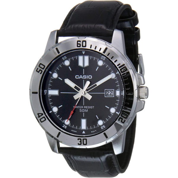 Casio Enticer Black Leather Strap Black Dial Quartz Watch for Gents - MTP-VD01L-1EVUDF