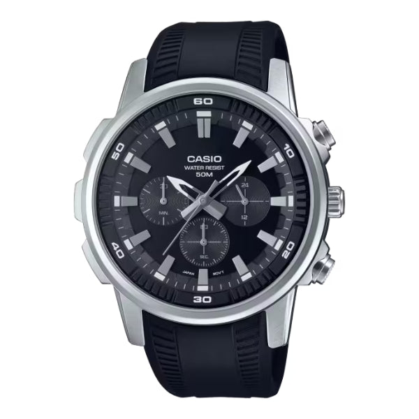 Casio Black Silicone Strap Strap Black Dial Chronograph Quartz Watch for Gents - Casio MTP-E505-1AVDF AG
