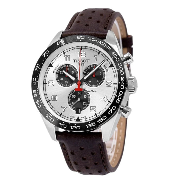 Tissot PRS 516 Brown Leather Strap Silver Dial Chronograph Quartz Watch for Men's - T131.617.16.032.00