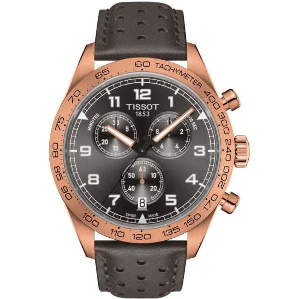 Tissot PRS 516 Grey Leather Strap Black Dial Chronograph Quartz Watch for Men's - T131.617.36.082.00