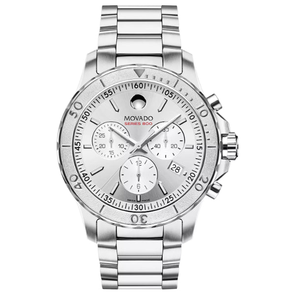 Movado 800 Series Silver Stainless Steel Silver Dial Chronograph Quartz Watch for Gents - 2600111