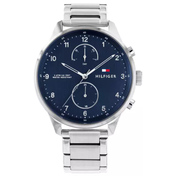 Tommy Hilfiger Chase Silver Stainless Steel Blue Dial Chronograph Quartz Watch for Gents - 1791575