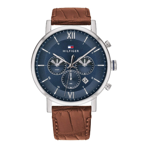 Tommy Hilfiger Evan Brown Leather Strap Blue Dial Chronograph Quartz Watch for Gents - 1710393