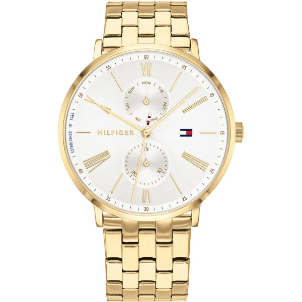 Tommy Hilfiger Jenna Silver Stainless Steel Gold Dial Quartz Watch for Ladies - 1782069