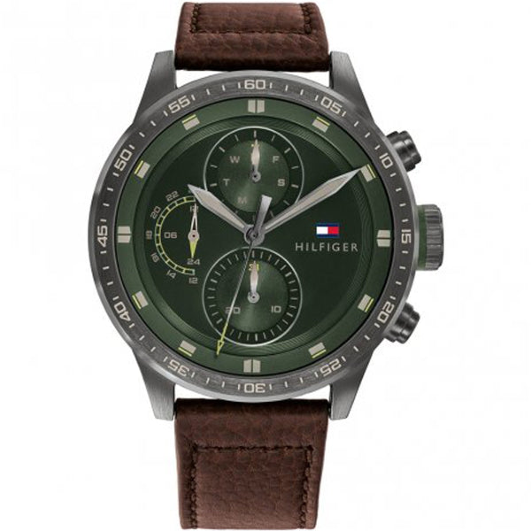 Tommy Hilfiger Trent Brown Leather Strap Green Dial Chronograph Quartz Watch for Gents - 1791809