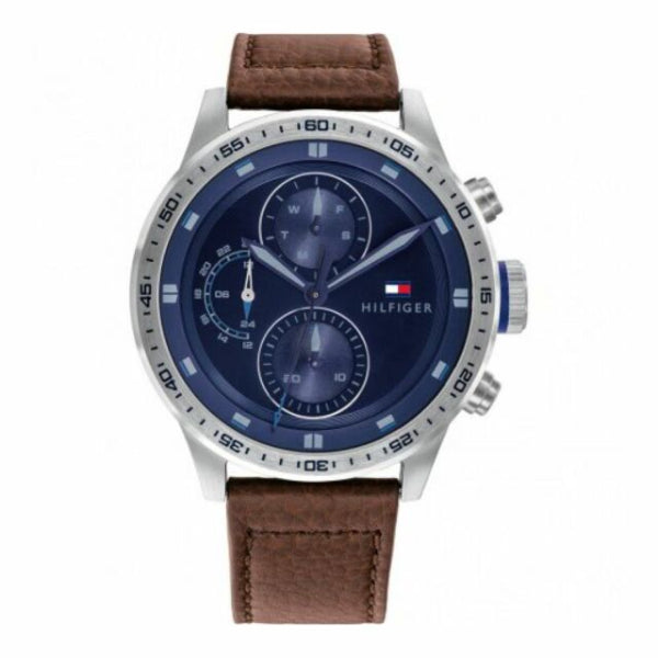 Tommy Hilfiger Trent Brown Leather Strap Blue Dial Chronograph Quartz Watch for Gents - 1791807
