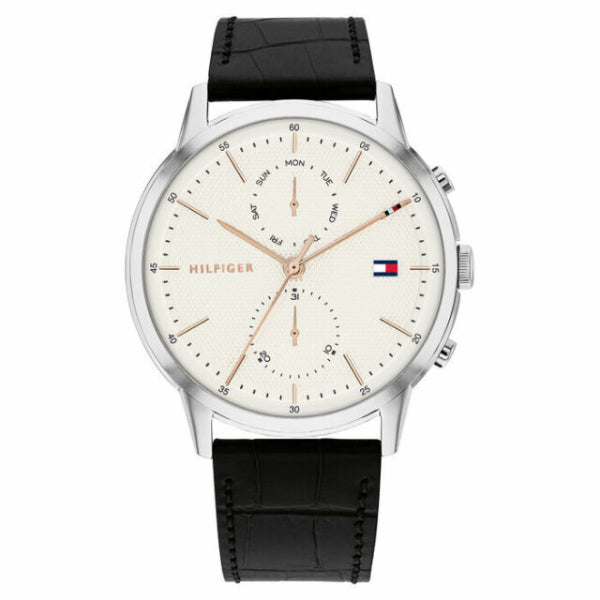 Tommy Hilfiger Easton Black Leather Strap Silver Dial Chronograph Quartz Watch for Gents - 1710434