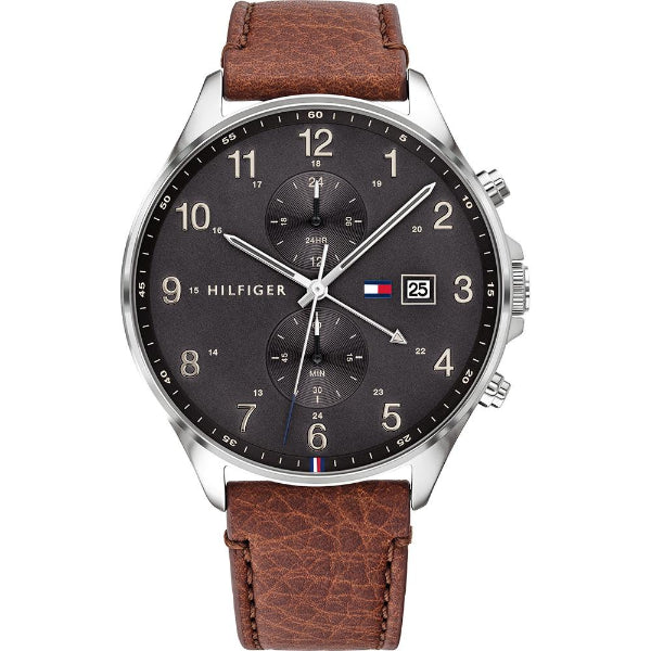 Tommy Hilfiger West Brown Leather Strap Black Dial Chronograph Quartz Watch for Gents - 1791710