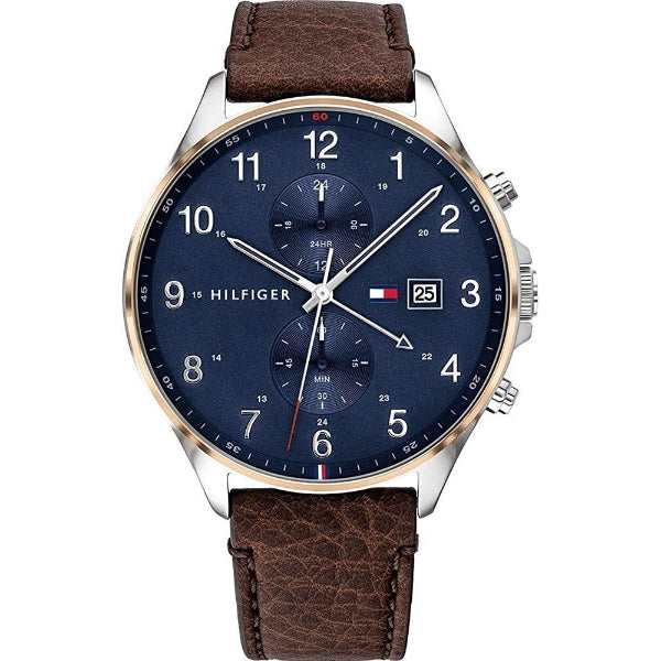 Tommy Hilfiger West Brown Leather Strap Blue Dial Chronograph Quartz Watch for Gents - 1791712