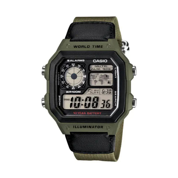 Casio Illuminator Green NATO Strap Black Dial Quartz Watch for Gents - AE-1200WHB-3BVDF