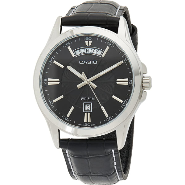 Casio Enticer Black Leather Strap Black Dial Quartz Watch for Gents - MTP-1381L-1AVDF