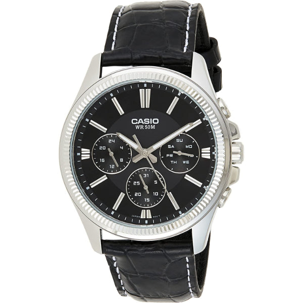 Casio Enticer Black Leather Strap Black Dial Chronograph Quartz Watch for Gents - MTP-1375L-1AVDF