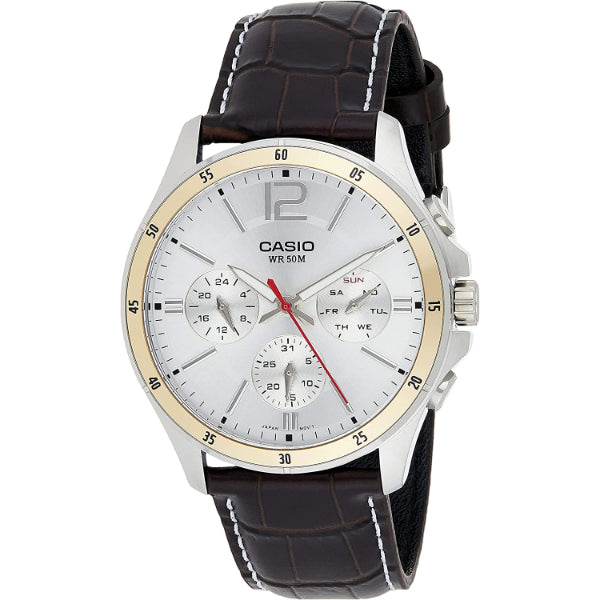 Casio Enticer Brown Leather Strap Silver Dial Chronograph Quartz Watch for Gents - MTP-1374L-7AVDF