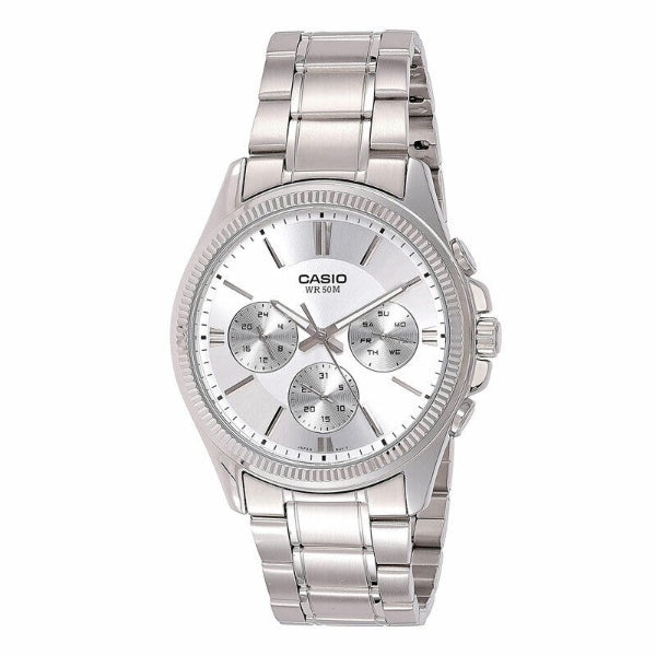 Casio Enticer Silver Stainless Steel Silver Dial Chronograph Quartz Watch for Gents - MTP-1375D-7AVDF