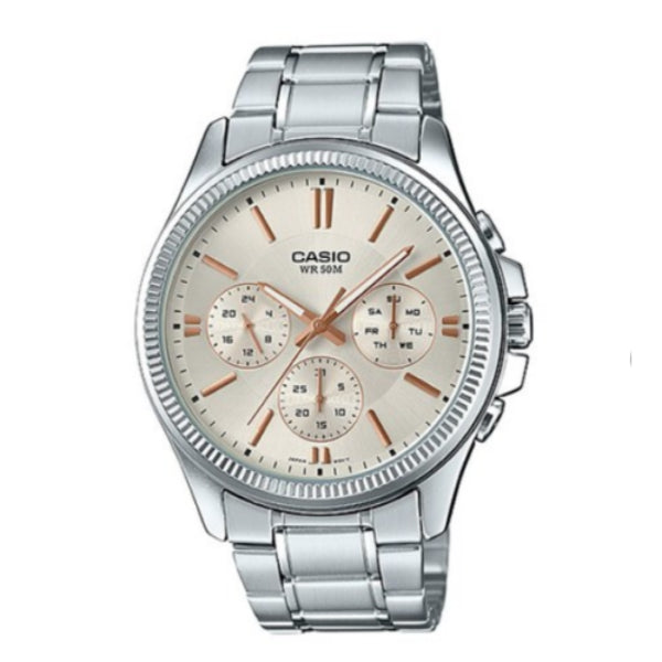 Casio Enticer Silver Stainless Steel Champagne Dial Chronograph Quartz Watch for Gents - MTP-1375D-72A2VDF