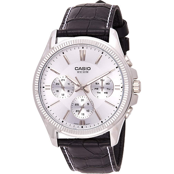 Casio Enticer Black Leather Strap Silver Dial Chronograph Quartz Watch for Gents - MTP-1375L-7AVDF