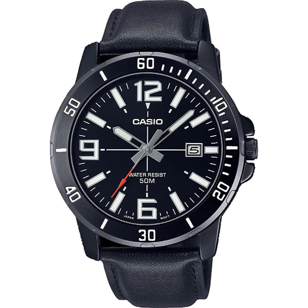 Casio Enticer Black Leather Strap Black Dial Quartz Watch for Gents - MTP-VD01BL-1BVUDF