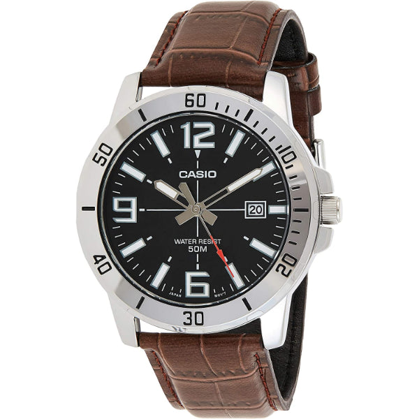 Casio Enticer Brown Leather Strap Black Dial Quartz Watch for Gents - MTP-VD01L-1BVUDF