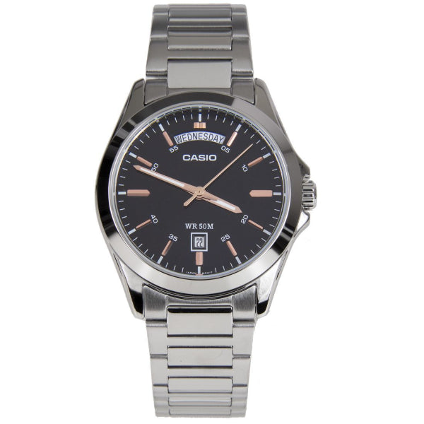 Casio Silver Stainless Steel Black Dial Quartz Watch for Gents - MTP-1370D-1A2VDF