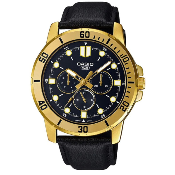 Casio Enticer Black Leather Strap Black Dial Quartz Watch for Gents - MTP-VD300GL-1EUDF