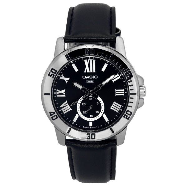 Casio Enticer Black Leather Strap Black Dial Quartz Watch for Gents - MTP-VD200L-1BUDF