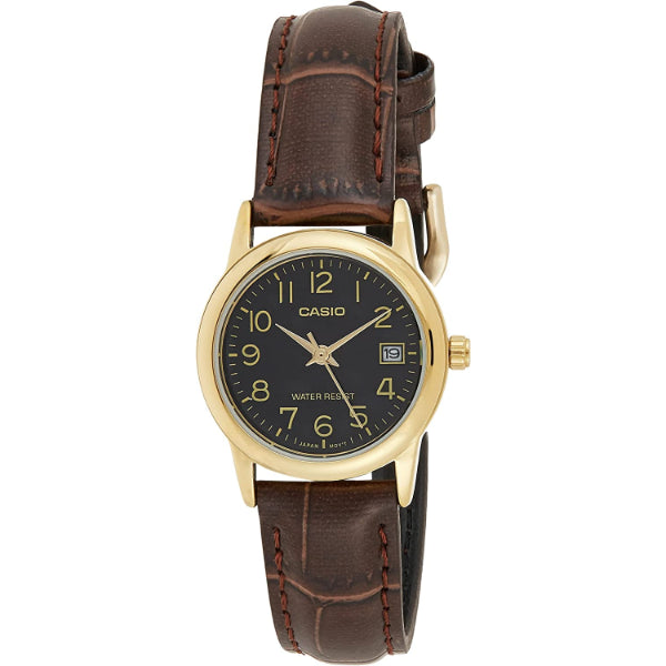 Casio Standard Brown Leather Strap Black Dial Quartz Watch for Ladies - LTP-V002GL-1BUDF