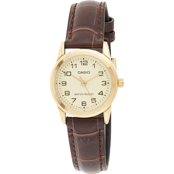 Casio Standard Brown Leather Strap Gold Dial Quartz Watch for Ladies - LTP-V001GL-9BUDF