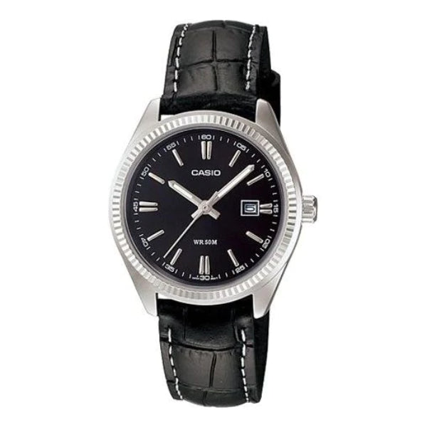 Casio Enticer Black Leather Strap Black Dial Quartz Watch for Ladies - LTP-1302L-1AVDF
