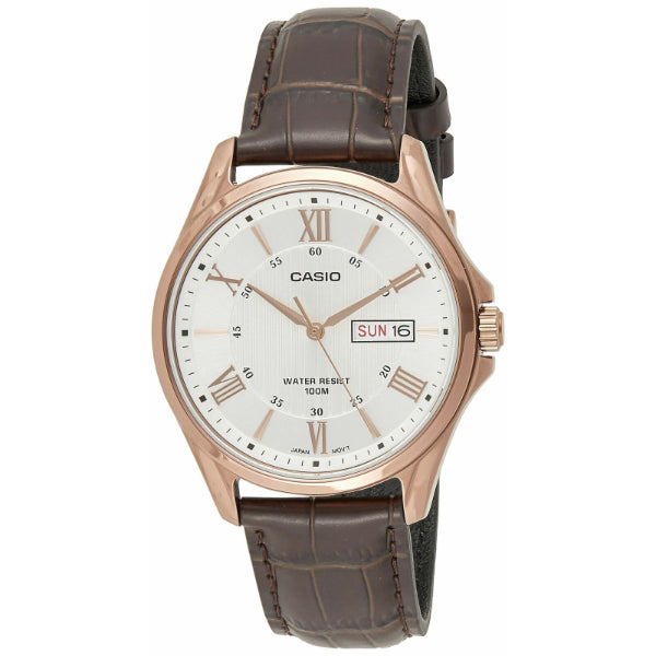 Casio Enticer Brown Leather Strap Silver Dial Quartz Watch for Gents - MTP-1384L-7AVDF