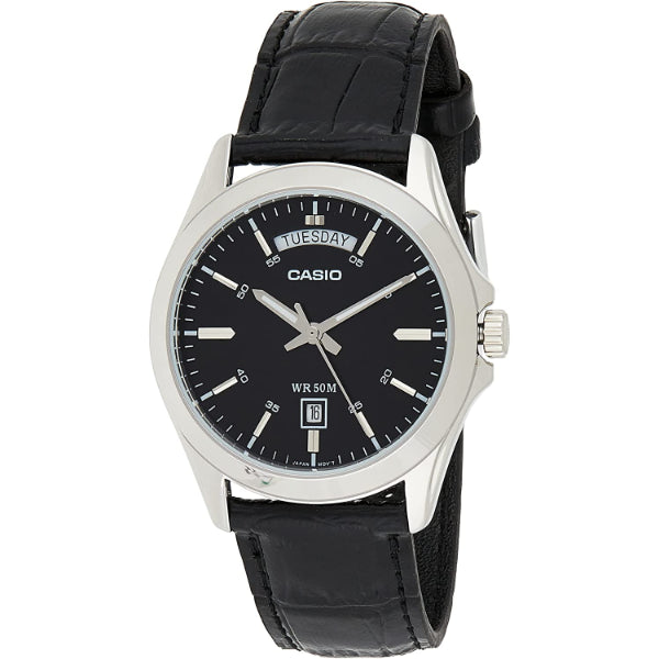 Casio Enticer Black Leather Strap Black Dial Quartz Watch for Gents - MTP-1370L-1AVDF