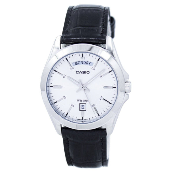 Casio Enticer Black Leather Strap White Dial Quartz Watch for Gents - MTP-1370L-7AVDF