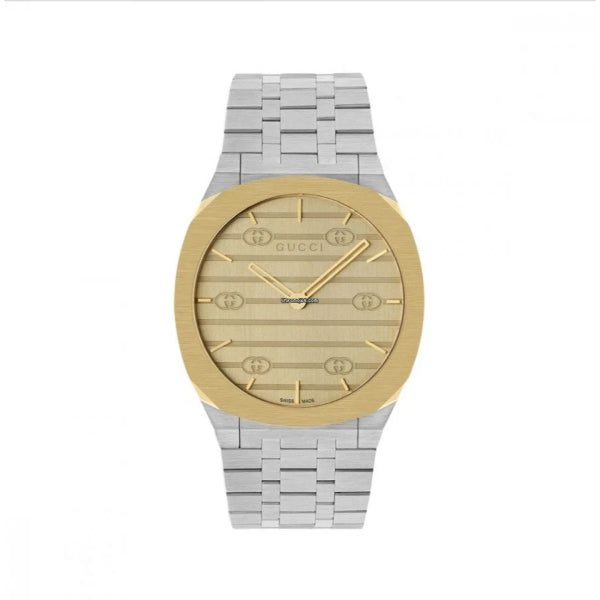 Gucci 25H Silver Stainless Steel Gold Dial Quartz Unisex Watch - YA163405