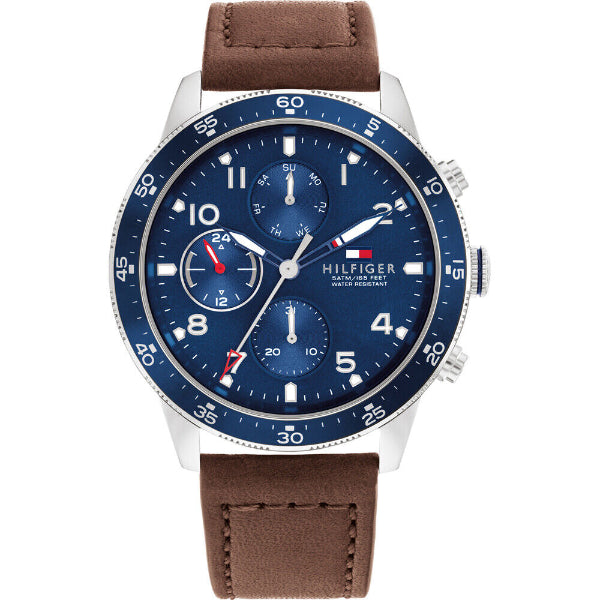 Tommy Hilfiger Jimmy Brown Leather Strap Blue Dial Chronograph Quartz Watch for Gents - 1791946