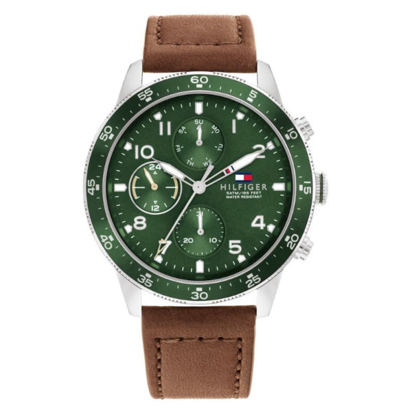Tommy Hilfiger Jimmy Brown Leather Strap Green Dial Chronograph Quartz Watch for Gents - 1791948