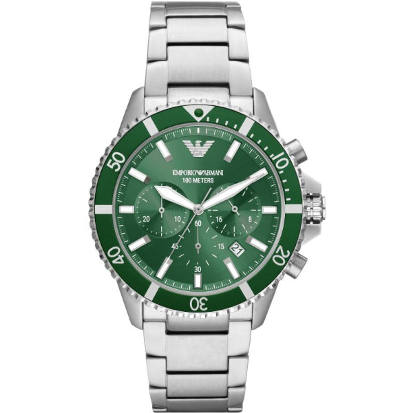 EMPORIO ARMANI Silver Stainless Steel Green Dial Chronograph Quartz Watch for Gents - AR11500