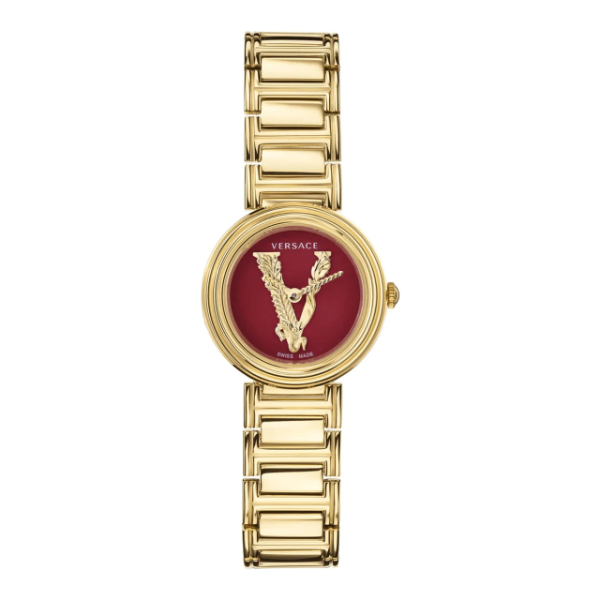 Versace Virtus Mini Duo Gold Stainless Steel Red Dial Quartz Watch for Ladies - VET300321