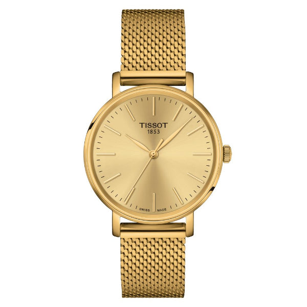 Tissot everytime Gold Mesh Bracelet Gold Dial Quartz Watch for Ladies - T143.210.33.021.00