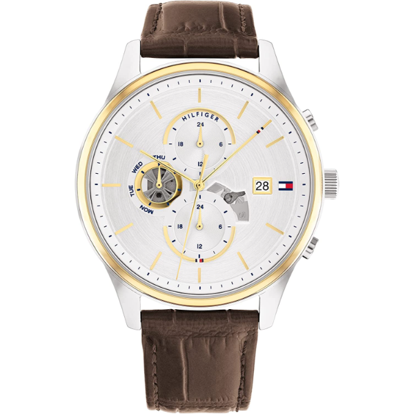 Tommy Hilfiger Weston Brown Leather Strap Silver Dial Chronograph Quartz Watch for Gents - 1710501
